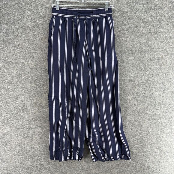 A New Day Pants Women XS Blue Striped Mid Rise Flat Front Chino Linen Drawstring - Picture 1 of 8
